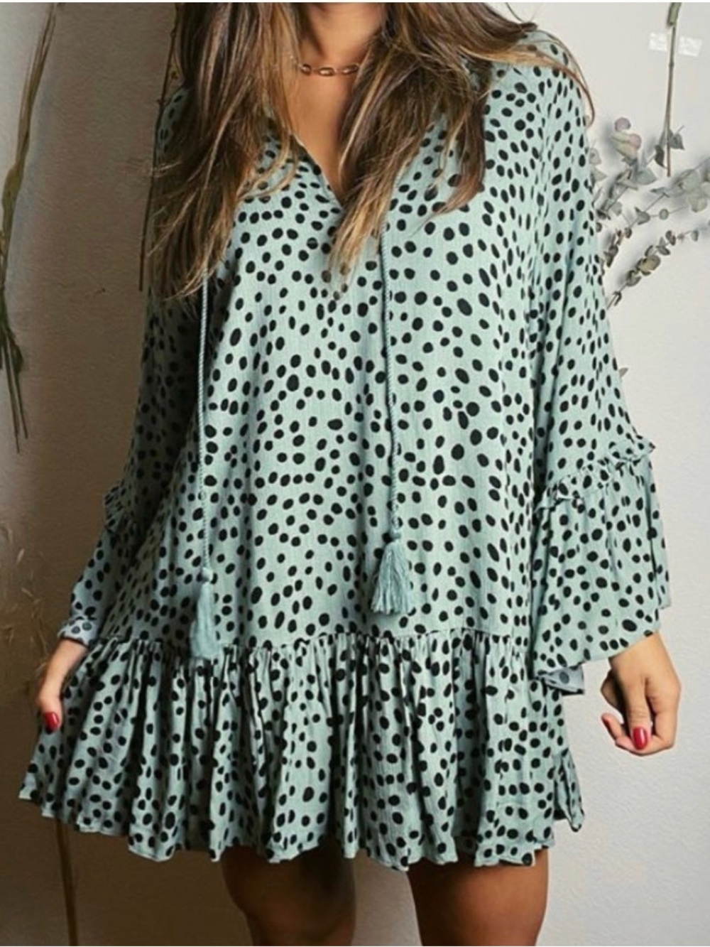 Polka Dot Ruffle Mini Dress in Mint Green